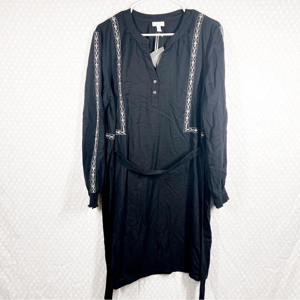 Garnet Hill NWT‎ Black Embroidered Long Sleeve Tie Waist Dress